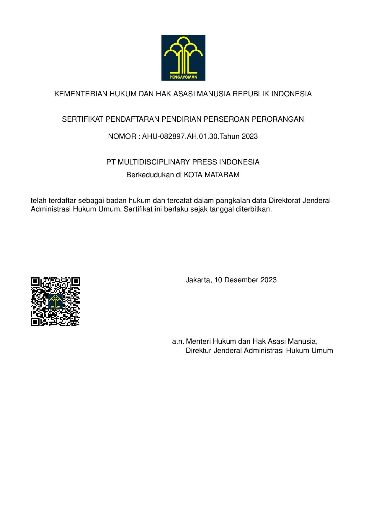 Official legal certificate of PT. Multidisciplinary Press Indonesia